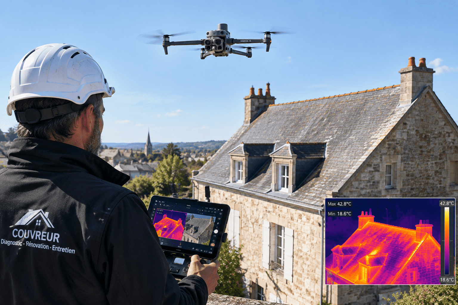 Télépilote équipé d'un drone thermique Matrice 4T pour l'inspection de toiture