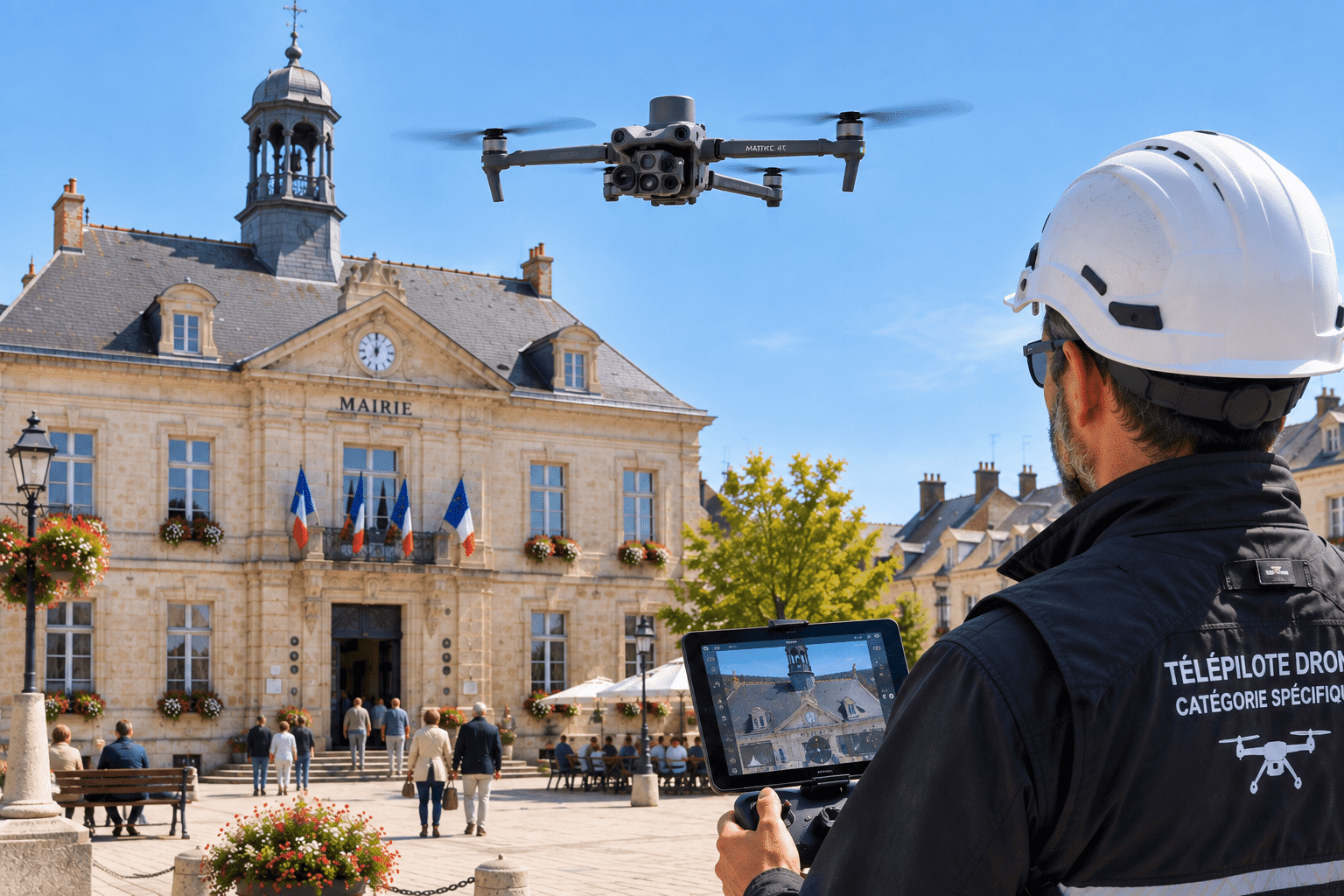 Télépilote Web2vi pilotant un drone devant une mairie, vol en catégorie spécifique
