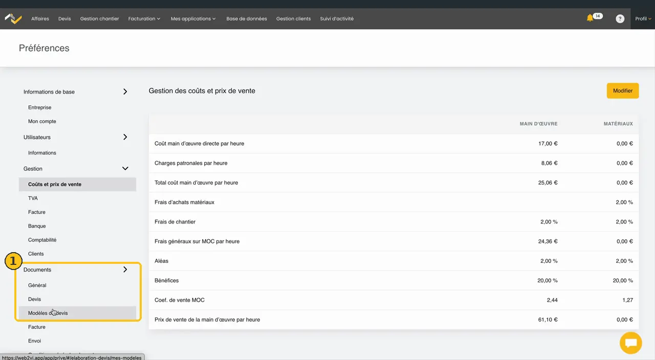 Page Préférences de Web2vi, rubrique Documents, menu Modèles de devis encadré