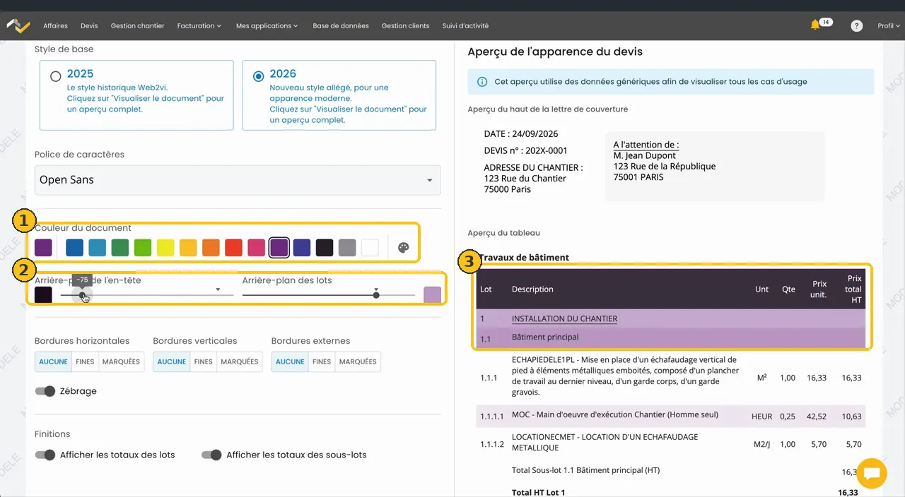 Réglage des couleurs du devis : palette, curseurs arrière-plan de l’en-tête et des lots, aperçu violet du tableau