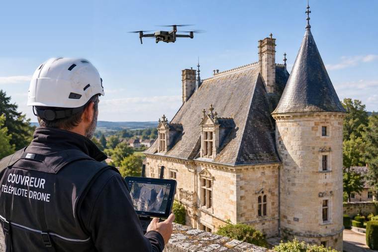 Couvreur télépilote pilotant un drone au-dessus d'un bâtiment