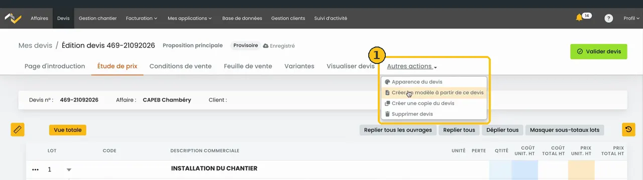 Menu Autres actions d’un devis avec l’option Créer un modèle à partir de ce devis