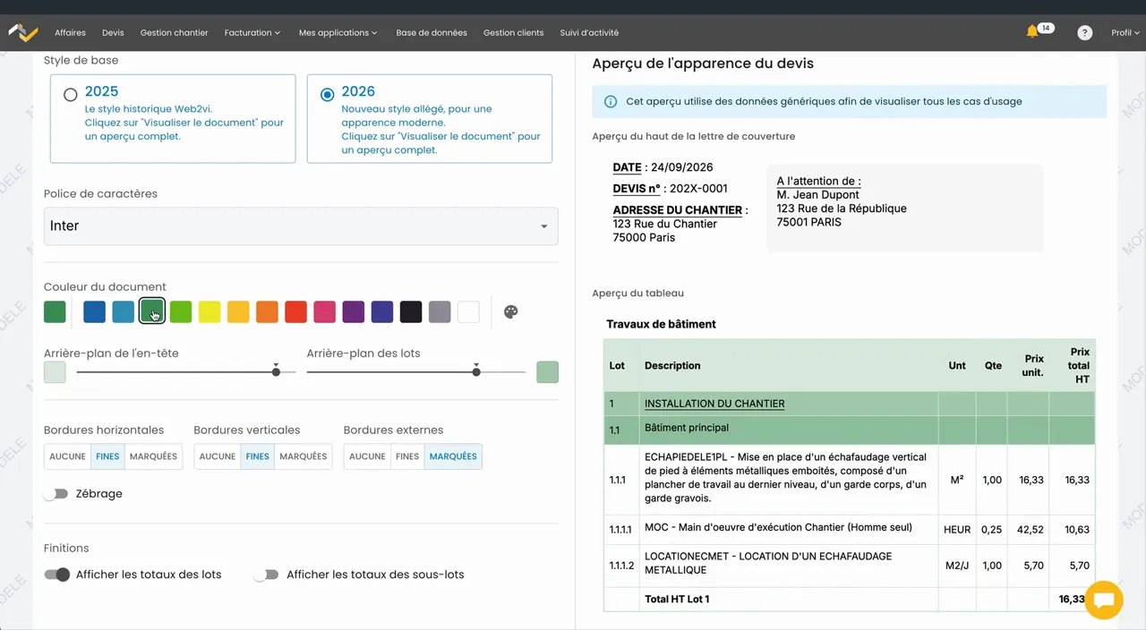 Aperçu d’un modèle de devis au style 2026, police Inter, couleur vert foncé