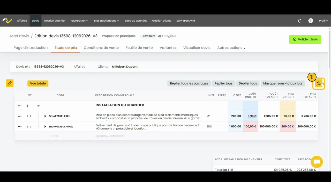 Édition d’un devis Web2vi, étude de prix, icône horloge orange de l’historique encadrée