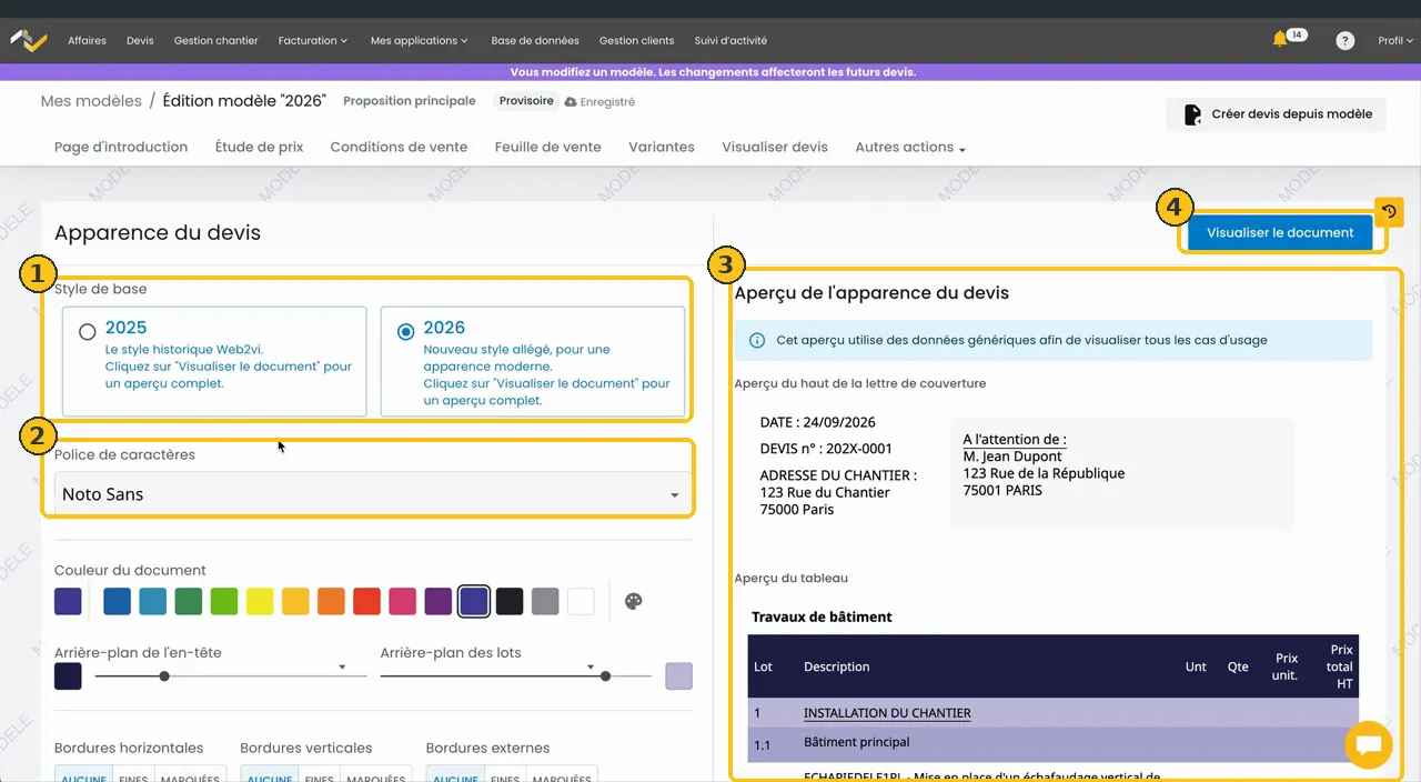 Écran Apparence du devis : réglages à gauche, aperçu en temps réel à droite, bouton Visualiser le document