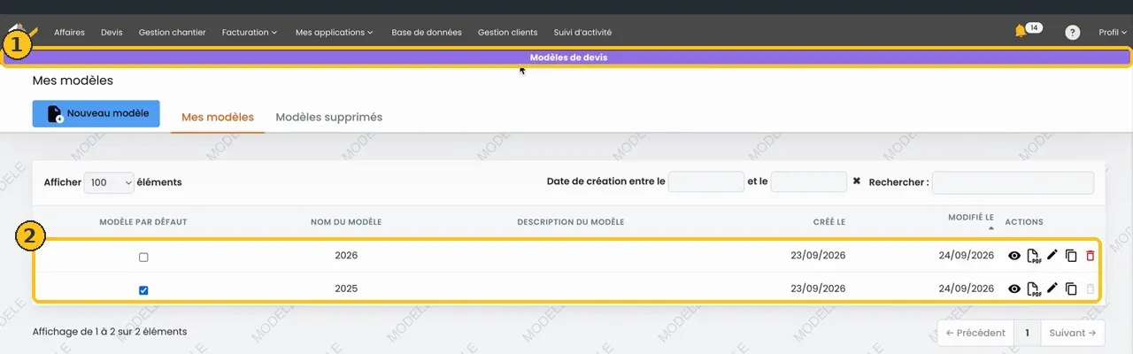Liste Mes modèles avec les modèles 2025 et 2026 et le bandeau violet Modèles de devis