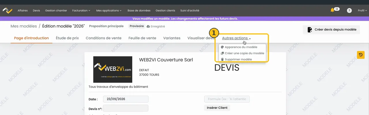 Menu Autres actions ouvert sur un modèle, option Apparence du modèle