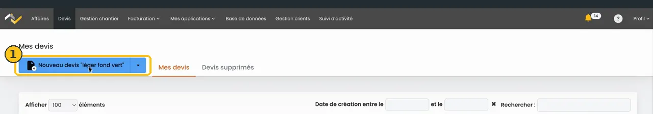 Bouton bleu Nouveau devis léger fond vert dans la liste Mes devis