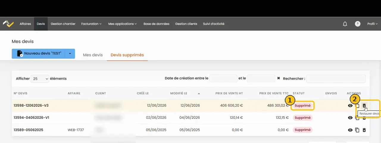 Onglet Devis supprimés, statut Supprimé et icône Restaurer devis encadrés