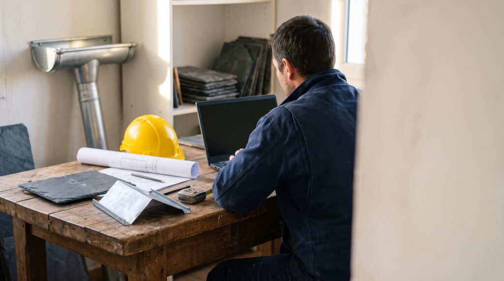 Artisan couvreur devant son ordinateur, plans, ardoises et casque de chantier posés sur la table